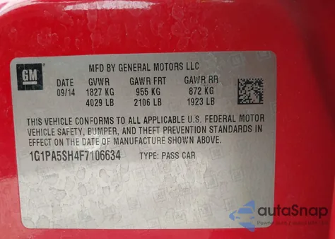 2015 Chevrolet Cruze Ls Auto из США, поврежденный, VIN 1G1PA5SH4F7106634